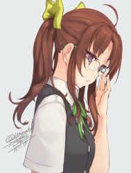 Rule 34 | 10s, 1girl, ahoge, bespectacled, black vest, brown hair, from side, glasses, green ribbon, grey background, hair ribbon, kagerou (kancolle), kantai collection, looking at viewer, purple eyes, ribbon, rokuwata tomoe, shirt, short sleeves, sidelocks, simple background, solo, twintails, upper body, vest, white shirt, yellow ribbon