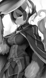 Rule 34 | 1girl, black eyes, black hair, breasts, cape, claws, closed mouth, cowboy shot, furrification, furry, furry female, greyscale, hair between eyes, hand on headwear, jacket, jitome, looking at viewer, made in abyss, medium breasts, monochrome, multicolored hair, ozen, pants, pouch, short hair, solo, standing, suurin (ksyaro), tail, twitter username, two-tone hair