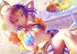 Rule 34 | 10s, 1girl, arm up, bikini, black bikini, breasts, cup, day, drink, drinking glass, drinking straw, flower, food, fruit, halo, halterneck, holding, kantai collection, large breasts, lime (fruit), lime slice, looking at viewer, mechanical halo, mocha (snowflake), navel, orange flower, petals, purple eyes, purple hair, short hair, sitting, smile, solo, swimsuit, tatsuta (kancolle), yellow flower