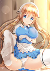 Rule 34 | 1girl, apron, ass, blend s, blonde hair, blue eyes, blue shirt, blue skirt, blush, breasts, closed mouth, collared shirt, commentary request, covered erect nipples, dress shirt, feet, frilled apron, frills, gloves, hair between eyes, hand on own chest, hand up, head scarf, highres, hinata kaho, indoors, large breasts, long hair, no shoes, panties, pleated skirt, shirt, skirt, smile, soles, solo, stile uniform, thighhighs, underwear, uniform, very long hair, waist apron, waitress, white apron, white gloves, white panties, white thighhighs, xenon (for achieve)