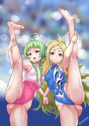 Rule 34 | 2girls, :d, ahoge, alternate costume, armpits, ass, bare legs, barefoot, blue leotard, blue one-piece swimsuit, braid, breasts, closed mouth, cowboy shot, fire emblem, fire emblem awakening, green hair, heads together, holding hands, kneepits, leotard, long hair, looking at viewer, mother and daughter, multiple girls, nah (fire emblem), nintendo, nowi (fire emblem), nzz, one-piece swimsuit, open mouth, pink leotard, pink one-piece swimsuit, pointy ears, shoulder-to-shoulder, small breasts, smile, split, standing, standing on one leg, standing split, swimsuit, twin braids