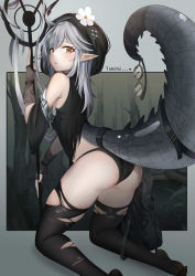 Rule 34 | 1girl, absurdres, ahoge, arknights, ass, bare shoulders, black panties, black thighhighs, character name, commentary, crocodilian tail, detached sleeves, fingerless gloves, flower, from behind, gloves, goggles, unworn goggles, grey gloves, highres, holding, holding staff, holding with tail, kneeling, large tail, long hair, looking at viewer, looking back, panties, parted lips, pointy ears, prehensile tail, qldpopi, silver hair, solo, staff, tail, thighhighs, thighs, tomimi (arknights), torn clothes, torn thighhighs, underwear, white flower