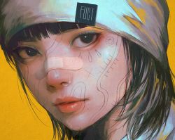 Rule 34 | 1girl, bandaid, bandaid on face, bandaid on nose, beanie, black eyes, black hair, blunt bangs, bob cut, body writing, eyelashes, hat, highres, looking at viewer, medium hair, mole, mole under mouth, nose piercing, original, parted lips, piercing, portrait, red lips, solo, wataboku, yellow background