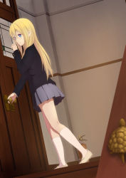 Rule 34 | 1girl, bad id, bad pixiv id, blonde hair, blue eyes, blurry, depth of field, door, fire extinguisher, highres, k-on!, long hair, okutagon, saitou sumire, school uniform, stained glass, turtle