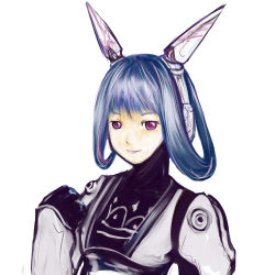 Rule 34 | 1girl, alfa system, android, blue hair, hair rings, light smile, looking at viewer, lowres, phantasy star, phantasy star portable, phantasy star universe, purple eyes, red eyes, robot ears, sega, simple background, sketch, smile, solo, upper body, vivienne, vivienne (phantasy star), white background