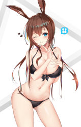Rule 34 | 1girl, 4min, ;), absurdres, amiya (arknights), animal ears, arknights, bare arms, bare shoulders, bikini, black bikini, blue eyes, blush, breasts, brown hair, collarbone, commentary request, cowboy shot, female focus, finger to own chin, front-tie bikini top, front-tie top, gluteal fold, groin, halterneck, hand on own chest, head tilt, heart, highres, index finger raised, large breasts, long hair, looking at viewer, navel, one eye closed, partial commentary, rabbit ears, smile, solo, standing, stomach, swimsuit, thighs, white background