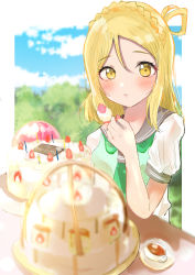 Rule 34 | 1girl, :o, absurdres, artist name, artist request, blonde hair, blue sky, blush, bow, braid, breasts, brown eyes, cake, cloud, crown braid, cup, detached sleeves, female focus, food, green neckwear, green vest, hair rings, highres, long hair, long sleeves, looking at viewer, love live!, love live! sunshine!!, ohara mari, outdoors, parted lips, plate, sailor collar, school uniform, shirt, short hair, sky, small breasts, snya, snya (pixiv17390904), solo, table, teacup, thighhighs, uranohoshi school uniform, vest, white shirt, yellow eyes, zettai ryouiki