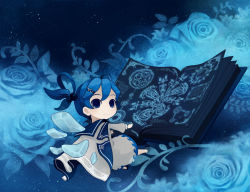 Rule 34 | 1girl, blue dress, blue eyes, blue flower, blue hair, blue rose, blue theme, blush, book, chibi, child, dress, flower, full body, grimoire, hair bobbles, hair ornament, hairclip, haruno, ice, ice wings, long sleeves, matching hair/eyes, mini person, minigirl, no nose, original, robe, rose, smile, solo, tareme, twintails, wings