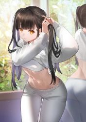 Rule 34 | 1girl, ass, black hair, commentary, cowboy shot, crop top, cropped sweater, highres, leaning forward, long hair, long sleeves, looking at viewer, midriff, mole, mole under eye, navel, nima (niru54), orange eyes, original, pants, reflection, smile, solo, standing, stomach, sweater, thighs, twintails, tying hair, white pants, white sweater, yellow eyes