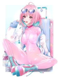 Rule 34 | 1girl, absurdres, ahoge, blue gloves, blue hair, bodysuit, breasts, candy, chark14, clothes writing, collar, commentary, covered collarbone, english commentary, eyewear on head, fang, fingerless gloves, food, foreshortening, glint, gloves, heart, heart-shaped eyewear, highres, holding, holding candy, holding food, holding lollipop, idolmaster, idolmaster cinderella girls, jacket, knee up, lollipop, multicolored hair, open clothes, open jacket, open mouth, pink bodysuit, pink eyes, pink hair, signature, sitting, skeleton print, skin tight, solo, striped, suitcase, sunglasses, tile floor, tiles, tongue, tongue out, two-tone hair, v-shaped eyebrows, vertical stripes, white jacket, yumemi riamu