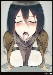 Rule 34 | 1girl, absurdres, black hair, blush, breasts, closed eyes, cum, cum in mouth, facial, highres, jacket, large breasts, legs, mikasa ackerman, namaniku atk, open mouth, shingeki no kyojin, short hair, simple background, sitting, solo, thighs, tongue, tongue out