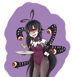 Rule 34 | 1girl, :d, absurdly long hair, ahoge, antenna hair, artist request, black hair, bow, bowtie, breasts, cleavage, cocktail glass, colored sclera, colored skin, cup, cyclops, drinking glass, extra eyes, gazer (monster girl encyclopedia), glass, hand on own hip, highres, lime (fruit), lime slice, long hair, looking at viewer, monster girl, monster girl encyclopedia, one-eyed, open mouth, pantyhose, playboy bunny, red eyes, sharp teeth, slit pupils, small breasts, smile, solo, tail, teeth, tentacles, tray, very long hair, white skin, wrist cuffs, yellow sclera