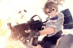 Rule 34 | 1girl, aks-74u, ammunition, assault rifle, blonde girl (itou), blonde hair, blue bow, blue bowtie, blue eyes, blue skirt, blush, bow, bowtie, bra, breasts, buckle, cartridge case, cleavage, clenched teeth, clothes around waist, copyright request, dress shirt, explosion, firing, foreshortening, gloves, gun, hair between eyes, holding, holding gun, holding weapon, itou (onsoku tassha), jacket, jacket around waist, kalashnikov rifle, large breasts, long sleeves, open clothes, open mouth, open shirt, original, pink bra, pleated skirt, ponytail, rifle, school uniform, shirt, short hair, sidelocks, skirt, sleeves pushed up, solo, spread legs, sweatdrop, teeth, thighhighs, unbuttoned, underwear, uniform, weapon, weapon request, white gloves, white shirt, white thighhighs, zettai ryouiki
