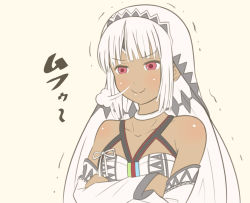 Rule 34 | 1girl, altera (fate), bare shoulders, commentary request, crossed arms, dark-skinned female, dark skin, detached sleeves, fate/grand order, fate (series), purple eyes, smile, smug, solo, trembling, tsukumo (soar99), veil, white hair
