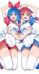 Rule 34 | 2girls, absurdres, arm up, blue eyes, blue hair, blue ribbon, blue shirt, blue shorts, bow, green eyes, hair bow, hair ribbon, hairband, heart arms, heart arms duo, highres, long hair, multiple girls, omega ray, omega rio, omega sisters, omega symbol, open mouth, pink hair, puffy short sleeves, puffy sleeves, red hairband, red ribbon, red shirt, red shorts, ribbon, shinomu (cinomoon), shirt, short hair, short shorts, short sleeves, shorts, simple background, smile, thighhighs, twintails, virtual youtuber, white background, white legwear
