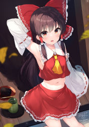 Rule 34 | 1girl, absurdres, arm up, armpits, ascot, breasts, collarbone, cup, detached sleeves, hakurei reimu, highres, light blush, looking at viewer, midriff, navel, ochinsama, open mouth, sideboob, sitting, tagme, teacup, touhou, wood floor