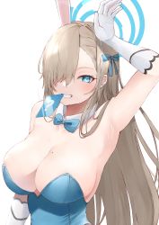 Rule 34 | 1girl, :d, ?, absurdres, animal ears, arm up, armpits, asuna (blue archive), asuna (bunny) (blue archive), bare shoulders, blue archive, blue bow, blue bowtie, blue eyes, blue leotard, blush, bow, bowtie, breasts, brown hair, card, detached collar, elbow gloves, fake animal ears, gloves, grin, hair bow, hair over one eye, hairband, halo, highres, leotard, long hair, looking at viewer, megu (pixiv9460065), mole, mole on breast, mouth hold, open mouth, playboy bunny, rabbit ears, smile, solo, strapless, strapless leotard, teeth, traditional bowtie, very long hair, white gloves, white hairband