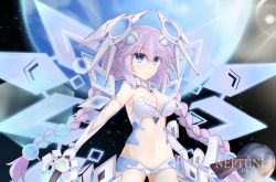 Rule 34 | 1girl, absurdres, amo chenbe, bad id, bad pixiv id, blue eyes, blush, braid, breasts, choujigen game neptune, choujigen game neptune the animation, cleavage, commentary request, d-pad, d-pad hair ornament, detached collar, dual wielding, elbow gloves, expressionless, full moon, gloves, groin, hair between eyes, hair ornament, headgear, highres, holding, holding sword, holding weapon, long hair, medium breasts, midriff, moon, navel, neptune (series), night, outdoors, purple hair, purple heart (neptunia), revealing clothes, solo, star (sky), star (symbol), starry background, sword, symbol-shaped pupils, twin braids, twintails, very long hair, weapon, white gloves, wings