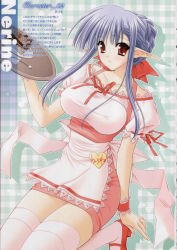 Rule 34 | 00s, 1girl, apron, blue hair, blush, breasts, covered erect nipples, highres, large breasts, nerine, nipples, pointy ears, red eyes, shuffle!, solo, suzuhira hiro, thighhighs, waist apron, waitress, zettai ryouiki