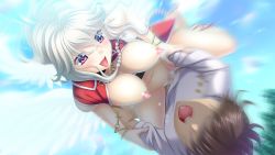 Rule 34 | 1boy, 1girl, angel wings, bouncing breasts, braid, breasts, breasts out, censored, flying, game cg, grey hair, happy, happy sex, hetero, in vitro shoujo, large breasts, legs, long hair, mosaic censoring, navel, nipples, no panties, open mouth, penis, sex, sky, smile, sweat, tadano akira, thighs, twin braids, vaginal, wings