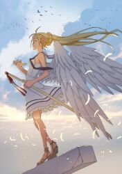 Rule 34 | 1girl, akamatsu ken, alternate hair color, alternate hairstyle, angel, angel wings, bird, black necktie, braid, breasts, brown footwear, cloud, commentary, concrete, crown braid, dawn, dress, falling feathers, feathered wings, feathers, floating clothes, floating hair, floating neckwear, flock, flower, frilled dress, frills, from side, hair between eyes, hair flower, hair ornament, hand up, high heels, highres, holding, holding sword, holding weapon, katana, large wings, light rays, long bangs, long hair, looking ahead, messy hair, morning, necktie, outdoors, pink flower, profile, sailor collar, sandals, sheath, sheathed, sky, sleeveless, sleeveless dress, small breasts, standing, sunbeam, sunlight, sword, textless version, tokisaka kuroumaru, uq holder!, very long hair, weapon, white dress, white feathers, white sailor collar, wind, wind lift, wings