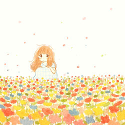 Rule 34 | 1girl, backlighting, blue dress, blunt bangs, blush, brown eyes, closed mouth, dot nose, dress, expressionless, field, flower, flower field, full body, hands on own knees, itunohika, light brown hair, long hair, looking at viewer, original, outdoors, petals, plaid, plaid dress, short sleeves, sky, solo, squatting, tareme, wind