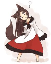 Rule 34 | 1girl, ?, animal ears, blush, breasts, brooch, brown hair, dress, head tilt, imaizumi kagerou, jewelry, kaginoni, long hair, long sleeves, looking at viewer, off-shoulder shirt, off shoulder, open mouth, red eyes, shirt, solo, tail, touhou, wide sleeves, wolf ears, wolf tail