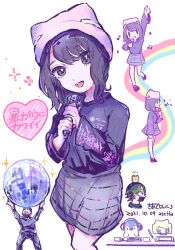 Rule 34 | 1girl, 2boys, :d, animification, beanie, bird, black hair, black shirt, brown eyes, cowboy shot, dated, disco ball, grey skirt, hat, heart, highres, holding, holding microphone, kiato, long sleeves, looking at viewer, microphone, multiple boys, multiple views, music, nicamoq, open mouth, penguin, pink headwear, rainbow, real life, shirt, short hair, signature, singing, skirt, smile, solo focus, standing, white background, yunomi (musician)