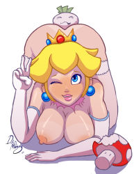 Rule 34 | 1girl, ass, blonde hair, blue eyes, breasts, gloves, looking at viewer, mario (series), nipples, princess peach, simple background, super mario bros. 1, tan, tanline, v, white background