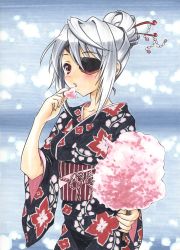 Rule 34 | 10s, 1girl, absurdres, alternate hairstyle, asahina kirin, blush, breasts, collarbone, cotton candy, eating, eyepatch, highres, infinite stratos, japanese clothes, kimono, laura bodewig, obi, red eyes, sash, silver hair, solo, traditional media