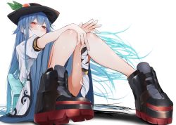 Rule 34 | 1girl, apron, black hat, blouse, blue bow, blue hair, blue skirt, bow, bowtie, buttons, dress shirt, food, frills, fruit, hat, highres, hinanawi tenshi, leaf, long hair, neck ribbon, on floor, peach, platform footwear, puffy short sleeves, puffy sleeves, rainbow order, red bow, red eyes, ribbon, shirt, short sleeves, simple background, sitting, skirt, smile, solo, touhou, tsune (tune), white background, white shirt, wing collar