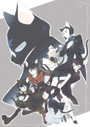 Rule 34 | 2girls, 5boys, animal ears, animal print, apron, arm behind back, arms at sides, arms behind back, asahi (uwa), bare arms, bare legs, bell, belt, black cat, black dress, black footwear, black gloves, black hair, black jacket, black legwear, black pants, black vest, blue eyes, bob cut, breasts, buruma, butler, carrying, cat, cat ears, cat girl, cat print, cat tail, china dress, chinese clothes, collared shirt, colored skin, cropped jacket, dotted line, dress, facial mark, forehead mark, formal, frilled legwear, frilled sleeves, frills, frown, glasses, gloves, grandfather and grandson, grey background, grey eyes, grey hair, hair bun, hakama, hakama skirt, hand on own hip, hand on own chest, haori, hug, hug from behind, jacket, japanese clothes, jingle bell, jumping, kuroboshi (kyoukai no rinne), kuroboshi iii (kyoukai no rinne), kuromitsu (kyoukai no rinne), kurosu (kyoukai no rinne), kyoukai no rinne, long sleeves, looking at another, looking at viewer, looking to the side, maid apron, maid headdress, medium breasts, monster boy, multiple boys, multiple girls, nekomata, oboro (kyoukai no rinne), old, old man, outline, pants, pelvic curtain, profile, purple eyes, red eyes, rokumon, shirt, shoes, short hair, short sleeves, side slit, single hair bun, skirt, sleeveless, slit pupils, smile, striped, suit, suzu (kyoukai no rinne), tail, tama (kyoukai no rinne), thighhighs, traditional youkai, vertical stripes, vest, white apron, white skin, wing collar, yellow eyes