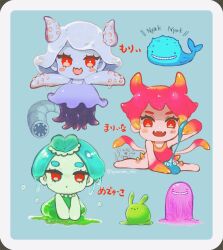 Rule 34 | 3girls, aged down, animal, baby, blue background, blue dress, blue skin, blush stickers, border, colored skin, dress, evil smile, expressionless, fangs, gradient hair, green headwear, green skin, hat, highres, holding, humphrey (omori), ippaiotabe mkw, marina (omori), medusa (omori), molly (omori), monster girl, mouse (animal), multicolored hair, multiple girls, multiple legs, omori, open mouth, orange eyes, outstretched arms, rabbit, red eyes, red skin, shaded face, short hair, skin fangs, slime (substance), slime girl, smile, spread arms, streaked hair, tentacle hair, tentacle hands, tentacles, twitter username, wavy mouth, whale, white border