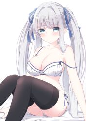 Rule 34 | 1girl, arms at sides, bare shoulders, bed sheet, black thighhighs, blue ribbon, bow, bow bra, bra, breasts, cleavage, closed mouth, collarbone, expressionless, feet out of frame, grey eyes, grey hair, hair intakes, hair ribbon, highres, knees up, large breasts, light blush, long hair, looking at viewer, on bed, original, panties, ribbon, side-tie panties, sidelocks, sitting, solo, straight hair, strap slip, suzunashi rei, thighhighs, twintails, underwear, underwear only, very long hair, white background, white bra, white panties