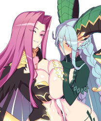 Rule 34 | + +, 2girls, absurdres, blush, breast press, breasts, bustier, claws, cleavage cutout, clothing cutout, crossed bangs, curled horns, eyes visible through hair, fate/grand order, fate (series), gloves, gorgon (fate), green hair, highres, horns, huge breasts, hyperbudd, large breasts, long hair, long horns, looking at viewer, medusa (fate), medusa (rider) (fate), monster girl, multiple girls, navel, pointy ears, purple hair, red eyes, rider, scales, square pupils, striped clothes, striped gloves, symbol-shaped pupils, symmetrical docking, take your pick, tiamat (fate), vertical-striped clothes, vertical-striped gloves, very long hair