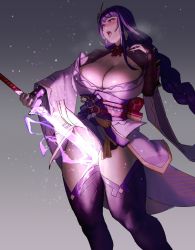 Rule 34 | 1girl, blush, braid, breasts, breath, cleavage, drooling, eu03, genshin impact, gradient background, grey background, hair ornament, highres, holding, holding sword, holding weapon, human scabbard, large breasts, light censor, long hair, looking away, low-braided long hair, low-tied long hair, open mouth, orgasm, purple eyes, purple hair, purple thighhighs, raiden shogun, revision, simple background, solo, standing, sword, thighhighs, veins, veiny breasts, weapon