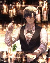 Rule 34 | 1boy, alcohol, bartender, black bow, black bowtie, black hair, black vest, bottle, bow, bowtie, champagne, closed mouth, cup, drinking glass, eujerian, highres, holding, holding spoon, long sleeves, looking at viewer, male focus, original, shirt, short hair, smile, solo, spoon, stirring, vest, white shirt, wine, wine bottle, wine glass
