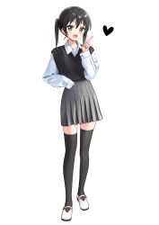 Rule 34 | 1girl, :d, black hair, blush, collared shirt, commentary request, deadnooodles, full body, green eyes, green hair, grey skirt, hair ornament, hand up, heart, highres, long sleeves, looking at viewer, love live!, love live! school idol festival all stars, multicolored hair, open mouth, pleated skirt, shirt, shoes, simple background, skirt, sleeves past wrists, smile, solo, standing, takasaki yu, thighhighs, twintails, two-tone hair, uwabaki, v, white background, white footwear, white shirt, zettai ryouiki