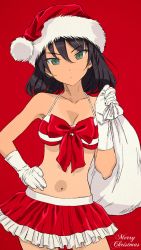 Rule 34 | 10s, 1girl, akagi (fmttps), alternate costume, bag, black hair, breasts, character name, cleavage, contrapposto, cowboy shot, girls und panzer, gloves, green eyes, hair between eyes, hand on own hip, hat, highres, medium breasts, merry christmas, navel, santa costume, santa hat, solo, white gloves