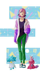Rule 34 | 1girl, ;o, absurdres, aged up, bright pupils, cardigan, collarbone, commentary request, creatures (company), dot (pokemon), full body, game freak, green pants, hand in pocket, highres, medium hair, nintendo, one eye closed, open cardigan, open clothes, open mouth, pants, pink hair, pokemon, pokemon (anime), pokemon (creature), pokemon horizons, purple cardigan, quaxly, shirt, simo tori, sleeveless, sleeveless shirt, slippers, standing, teeth, tinkatink, upper teeth only