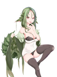 Rule 34 | 1girl, :p, bare shoulders, black bra, black panties, black thighhighs, bra, breasts, cleavage, green hair, hair between eyes, highres, looking at viewer, miao yao cha, mole, mole under eye, monster hunter, monster hunter: world, monster hunter (series), nail polish, panties, parted bangs, personification, pointy ears, purple nails, rathian, red eyes, smile, solo, tail, thighhighs, tongue, tongue out, underwear