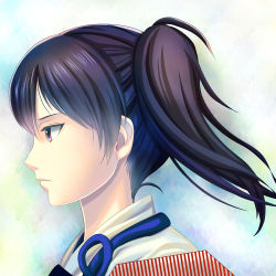 Rule 34 | 10s, 1girl, armor, brown eyes, brown hair, close-up, from side, japanese clothes, kaga (kancolle), kantai collection, muneate, ponytail, portrait, side ponytail, solo, striped, zenkaku