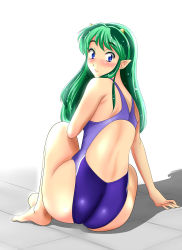Rule 34 | 1girl, absurdres, ass, back, blue eyes, blush, competition swimsuit, from behind, green hair, highres, long hair, looking back, lum, nanao futaba, one-piece swimsuit, pointy ears, solo, squatting, swimsuit, urusei yatsura