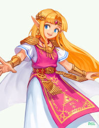 Rule 34 | 1girl, :d, blonde hair, blue eyes, bracer, circlet, dress, earrings, gem, hair intakes, jewelry, long hair, necklace, nintendo, ohil (ohil822), open mouth, pointy ears, princess zelda, short sleeves, shoulder pads, simple background, smile, solo, straight hair, tabard, the legend of zelda, the legend of zelda: a link between worlds, triforce, white background, white dress