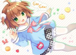 Rule 34 | 1girl, arm up, bloomers, blue shirt, borrowed character, brown hair, claw pose, commentary request, fang, green eyes, open mouth, original, pantyhose, plaid, plaid skirt, purinpurin, school uniform, shirt, short hair, skirt, smile, solo, two side up, underwear, virtual youtuber, white pantyhose