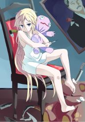 Rule 34 | 1girl, barefoot, blonde hair, blue eyes, braid, feet, ia (vocaloid), knife, long hair, looking at viewer, matsuike, pigeon-toed, rakupi, sitting, soles, solo, stuffed toy, toe scrunch, toes, twin braids, very long hair, vocaloid