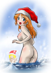 Rule 34 | 2girls, ass, blue eyes, breasts, character request, cold, copyright request, long hair, multiple girls, nipples, nude, orange hair, snow, water