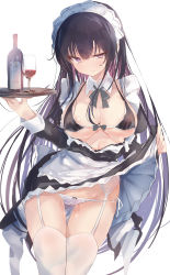 Rule 34 | 1girl, absurdres, black bra, blush, bottle, bow, bow panties, bra, breasts, cameltoe, cleavage, commentary request, cup, drinking glass, garter belt, garter straps, hair between eyes, highres, holding, holding tray, large breasts, lifting own clothes, long hair, maid, maid headdress, mole, mole under eye, original, panties, side-tie panties, sidelocks, simple background, sketch, solo, standing, thighhighs, toshizou (0714), tray, underboob, underwear, white background, white panties, white thighhighs, wine glass