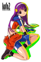 Rule 34 | 00s, 1girl, 2002, asamiya athena, hair ornament, purple hair, simple background, snk, solo, spandex, star (symbol), star hair ornament, the king of fighters, white background