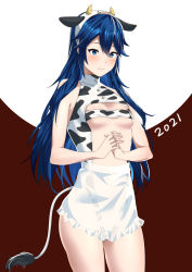 Rule 34 | 1girl, 2021, ameno (a meno0), animal costume, animal ears, animal print, bad id, bad twitter id, bell, bikini, bikini top only, blue eyes, blue hair, blush, breasts, chinese zodiac, collar, cow costume, cow ears, cow girl, cow horns, cow print, fire emblem, fire emblem awakening, hair between eyes, highres, horns, long hair, lucina (fire emblem), navel, neck bell, nintendo, small breasts, solo, swimsuit, thighs, tiara, year of the ox